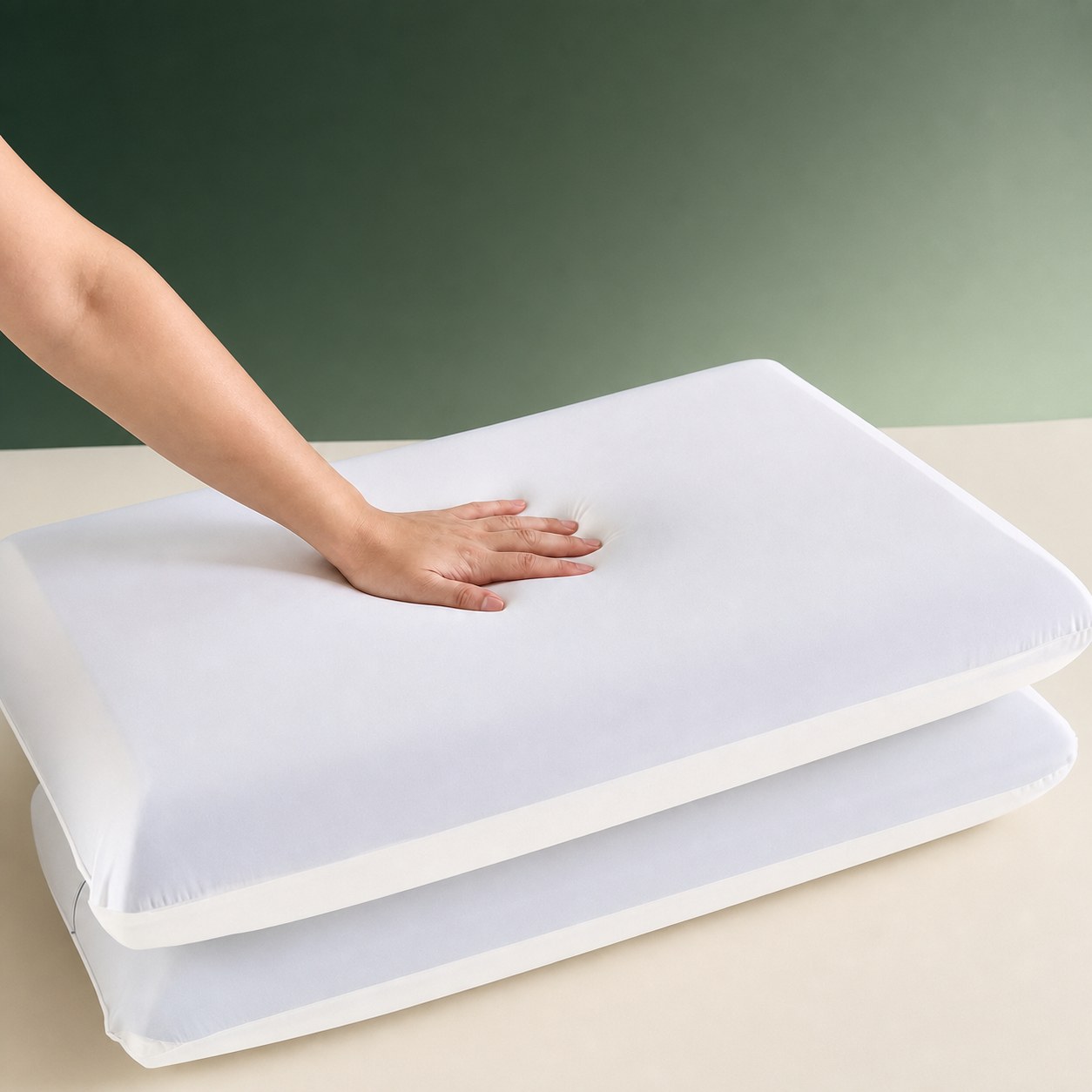 Hand pressing a white slow-rebound memory foam pillow