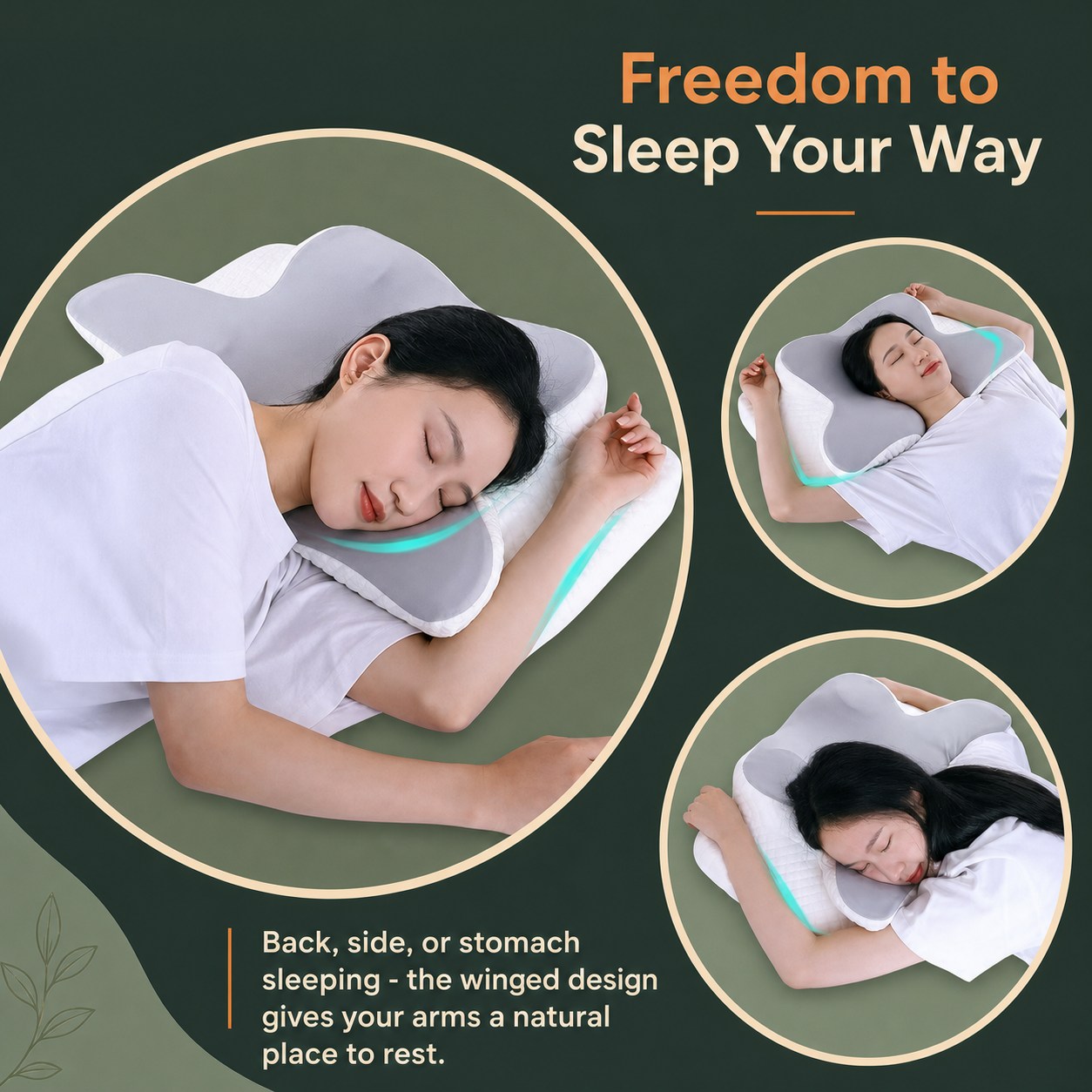 Winged latex pillow for back, side, and stomach sleeping